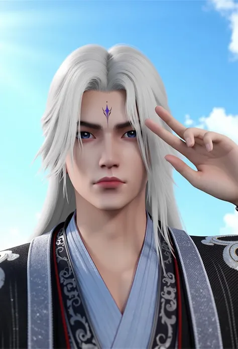 this is a high detailed cgi rendering of an asian man wanglin. He has white loose hair. He shows V-sign.
Atmospheric bright picture, the daylight falls beautifully on the mans face. The background of the picture is a clear blue sky with rare clouds