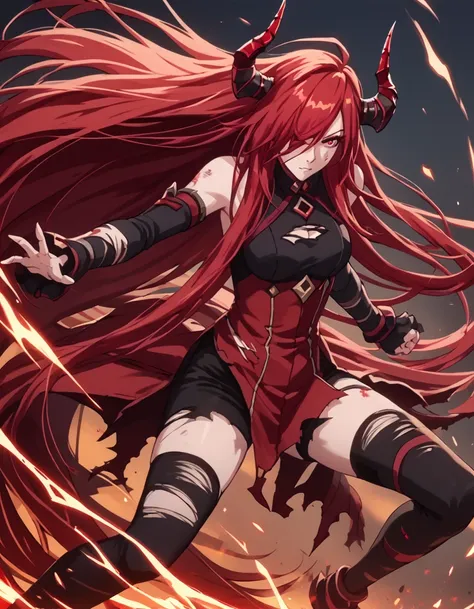 score_9, score_8_up, score_7_up, score_6_up, score_5_up, score_4_up, source_anime  <lora:TheLastSummoner:1>, dynamic pose,  DoraFull, red eyes, thighhighs, very long hair, red hair, horns, hair over one eye, torn clothes,