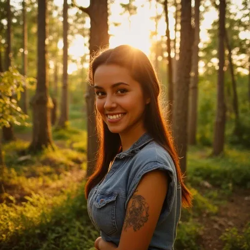 A warm, golden hour-lit scene in the style of Terrence Malick, with a shallow depth of field and subtle film grain. A young woman with caramel-hued skin, almond-shaped brown eyes, and a relaxed expression, stands outdoors amidst a lush, sun-dappled forest,...