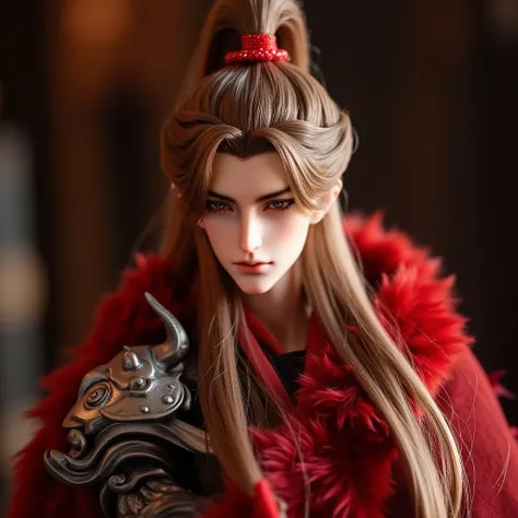 BJD. The image is a highly detailed, realistic doll of an Asian man with an ethereal, otherworldly appearance. He has long, flowing, light brown hair adorned with a red beaded headband. His skin is pale, and his facial features are delicate, with sharp, ex...