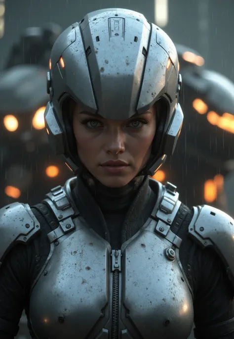 cinematic film still portrait of a solo female mech pilot standing in front of her (large combat mech:1.3), scifi armor, military base, heavy rain, full scifi helmet, visor, detailed eyes, dry skin, skin fuzz, visible skin hair, skin blemishes
,, shallow d...