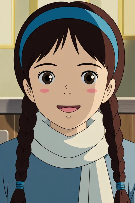 ghibli, The image portrays a young girl with a joyful smile on her face. She has long, dark hair styled in braids and is wearing a blue headband. She is dressed warmly, with a white scarf wrapped around her neck and a blue jacket. The background is softly ...