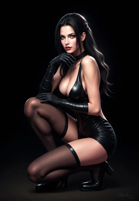 A captivating close-up portrait of the enchanting sorceress Yennefer, showcasing her alluring aesthetic. She wears a tight-fitting, revealing dress with long black gloves, accentuating her flawless figure and face. Yennefer is squatting gracefully, her leg...