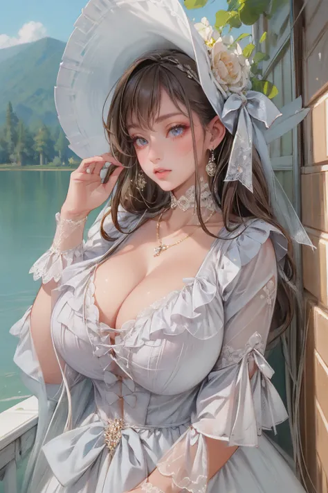 (masterpiece, best quality:1.2),illustration,8k,hd,1 girl,very long hair,solo,(collarbone:1.2),looking at viewer,
whdbd,white dress,jewelry,necklace,bonnet,long sleeves,bow,lace trim,lace,frills,((cleavage)),big breasts,outdoors,(day, lake:1.5),extremely d...