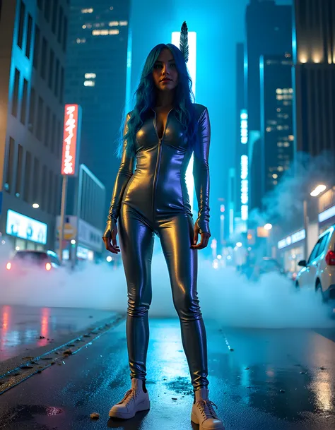 In a surreal, dystopian landscape of neon-lit, towering skyscrapers, J3R1C4L, a woman with long, wavy, electric-blue hair cascading down her back, stands defiantly, her blue eyes piercing the darkness with an intense, unyielding gaze. Clad in a one-piece, ...