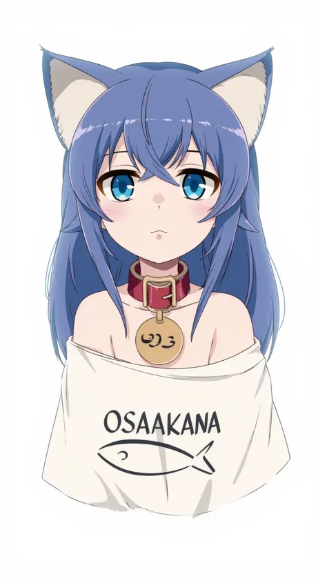 Roxy, Roxy has long blue hair, Roxy has blue eyes.
Her hair is adorned with two large, cat ears and cat tail, indicating a cat-like transformation. She wears a white off-the-shoulder t-shirt with the word "OSAKANA" and fish below printed on it. Around her ...