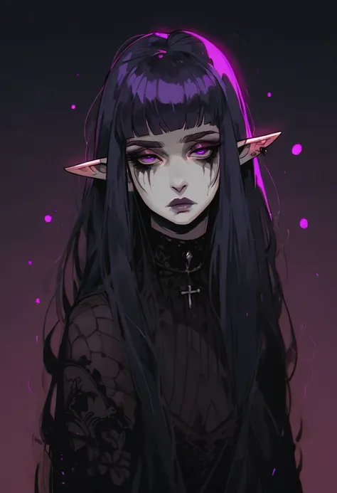 score_9, score_8_up, score_7_up, BREAK, 1girl, mature and imposing, 40 years old, portrait, beautiful, Elf warlock dramatic lights, purple hair, purple eyes, (long hair:1.3), side bangs, white skin, white colored skin, scars, goth, goth makeup, medium bres...