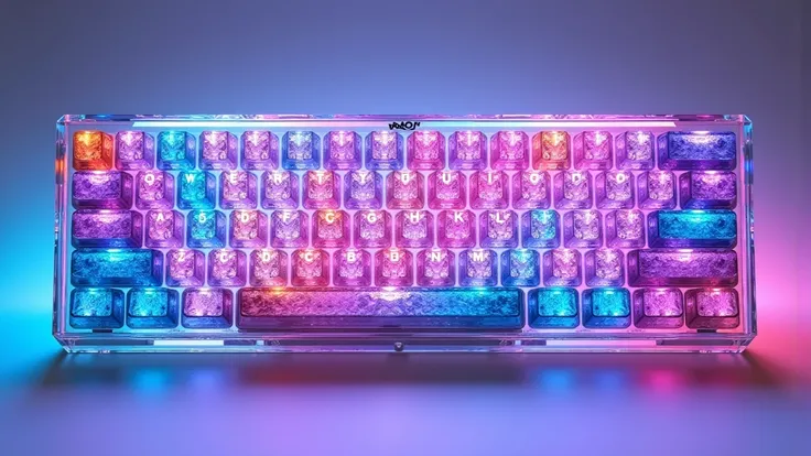 <lora:60keyboard_epoch_1:1> 60kbrd, 60_keyboard,  High-quality image of a 60% keyboard made entirely from colorful crystals. Each key is formed from transparent, faceted crystals in different colors, such as blue, pink, and purple. The base of the keyboard...