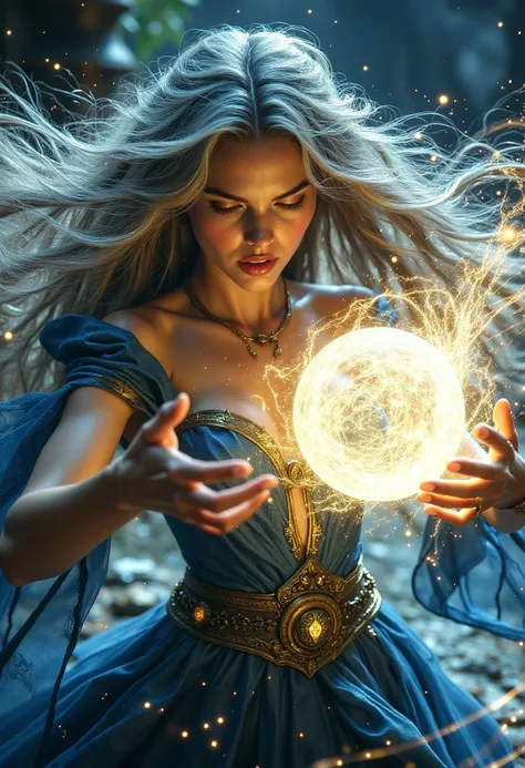 A powerful beautiful female sorcerer,  her face contorted in struggle, battles to contain a massive magical sphere on the brink of explosion. The sorcerers flowing silver hair billows around her as she channels her energy into controlling the swirling sphe...