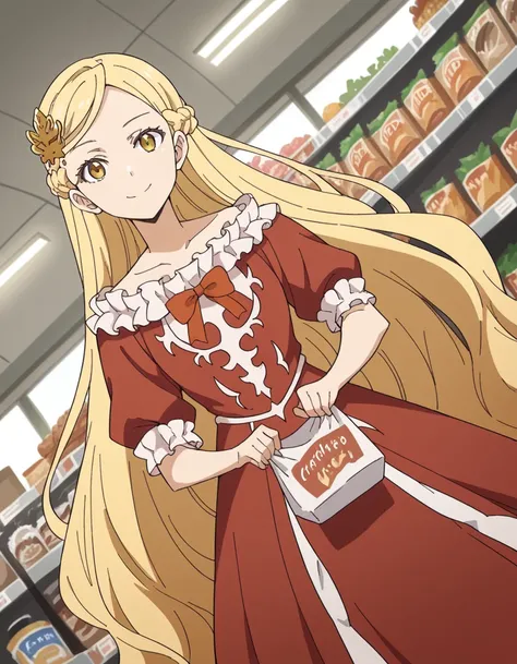 score_9, score_8_up, score_7_up, source_anime, <lora:skeletonknight-juliana-s1-ponyxl-lora-nochekaiser:1>, juliana, long hair, blonde hair, hair ornament, very long hair, yellow eyes, braid,, dress, bow, frills, red dress, grocery store, cashier, shopping ...