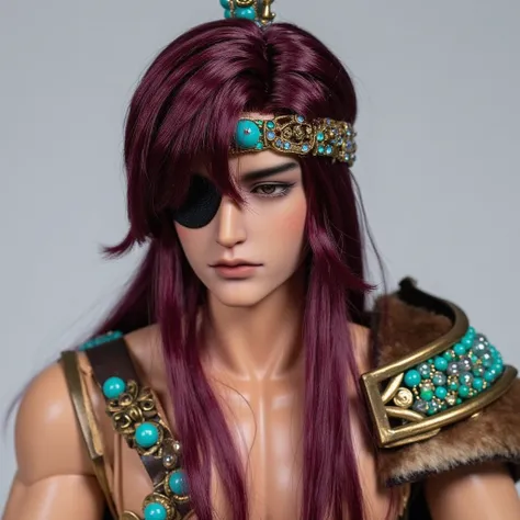 BJD. A tall male doll with a slender, muscular physique. The subject has long, dark reddish purple hair that cascades over his shoulders and partially covers his face. He wears an elaborate headpiece adorned with turquoise and gold beads, and a black eye p...