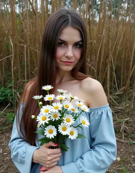 The image is a high-resolution photograph featuring a young woman in a natural outdoor setting with tall, brownish-green plants in the background. The woman has long, straight brown hair that partially covers her face. She has an intense, almost melancholi...