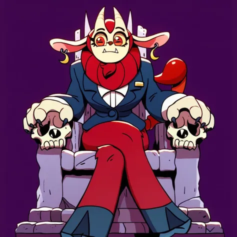 score_9,score_8,score_7,maulie_dungeon_flippers, maulie_manticore, manticore, monster girl, horns, sitting, skull, solo, earrings, furry, red eyes, crossed legs, jewelry, red hair, animal ears, fangs, 1girl, purple background, goat ears, pants, furry femal...