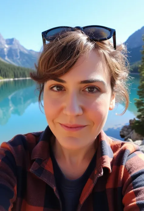 a selfie photo of katystoll, a 36 year old woman, taken with an iPhone 3. The photo quality is mediocre, it is slightly blurry and grainy and the colors are a bit washed out. She is slightly smiling. She is wearing a lumberjack shirt. She is wearing dark s...