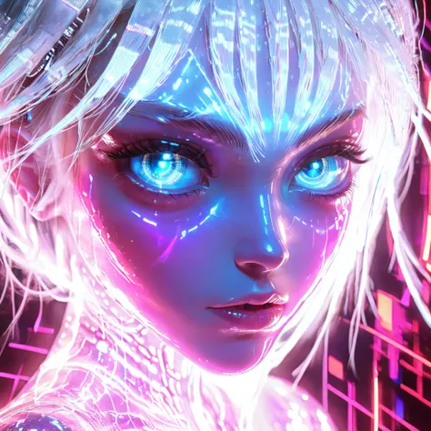 This is a digital artwork in a vibrant, neon-lit style, featuring a close-up of an androgynous, ethereal figure with a futuristic aesthetic. The subject is a young person with striking, glowing blue eyes that dominate the image, filled with an intense, alm...