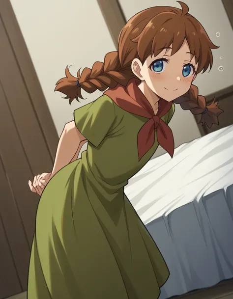 score_9, score_8_up, score_7_up, source_anime, <lora:skeletonknight-marca-s1-ponyxl-lora-nochekaiser:1>, marca, blue eyes, brown hair, braid, twin braids, ahoge,, dress, green dress,, indoors, bed, bed room, on side, blush, drunk,, smile, looking at viewer...