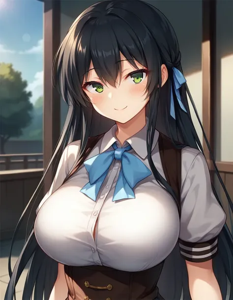 score_9,score_8_up,score_7_up,score_6_up BREAK official art,solo,outdoors,upper body,(portrait:1.5),looking at viewer,facing viewer,smile,blush,Sawatari Airi,very long hair,black hair,hair ribbon,sidelocks,hair between eyes,bangs,green eyes,school uniform,...