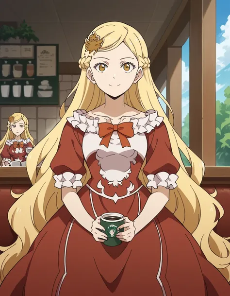 score_9, score_8_up, score_7_up, source_anime, <lora:skeletonknight-juliana-s1-ponyxl-lora-nochekaiser:1>, juliana, long hair, blonde hair, hair ornament, very long hair, yellow eyes, braid,, dress, bow, frills, red dress, cafe, coffee cup, barista, sittin...