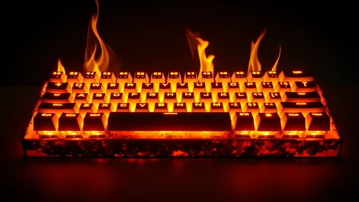 <lora:60keyboard_epoch_1:1> 60kbrd, 60_keyboard, Fantasy-themed image of a 60% mechanical keyboard made entirely of fire. The keys are formed from glowing flames, with flickering embers rising from them. The base of the keyboard is a molten surface, with f...