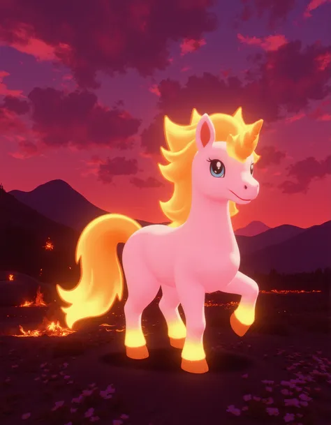 <lora:AntiBlur:3>, <lora:Pokémon Legends Arceus:1>, Hisui
Pyrocorn: A digital image featuring a stylized, cartoon-like representation of Pyrocorn, a fire/fairy-type Pokémon species. Pyrocorn is standing on the edge of a flaming meadow at dawn, its unicorn-...