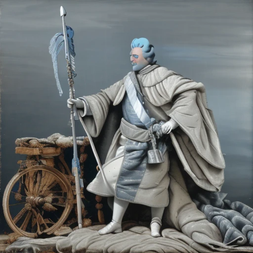 blue hair, pillow, grey hair, weapon, robe, sheath, realistic, staff, bicycle, standing