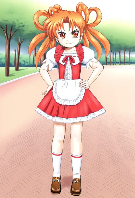 1girl, solo, full body, serious, outdoors, park, smile,  <lora:hasami_pony1.2:1>hasami, twintails, long hair, hair rings, orange hair, bangs, red eyes, hand on own hip, 
dress, skirt, frills, puffy short sleeves, socks, shoes,