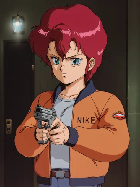 <lora:carrie_(riding_bean):0.9> rbcarrie, red hair, jacket, holding pistol, olding gun, holding weapon
score_7_up
1980s /(Style/)