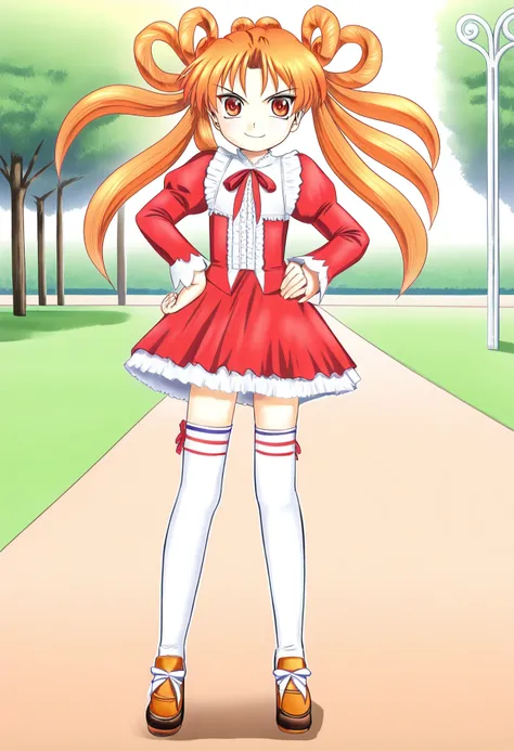 1girl, solo, full body, serious, outdoors, park, smile,  <lora:hasami_pony1.2:1>hasami, twintails, long hair, hair rings, orange hair, bangs, red eyes, hand on own hip, 
skirt, frills, long sleeves, puffy sleeves, thighhighs, shoes,