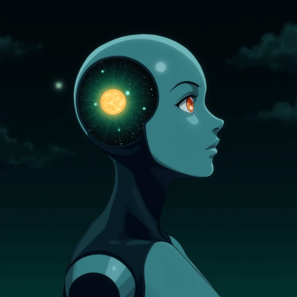 Anime screencap featuring a Minimalist and abstract side profile of a robot woman with a universe sprouting from her mind as she opens her eyes and attains consciousness for the first time in the dark. She has beautiful and intelligent bright orange eyes b...