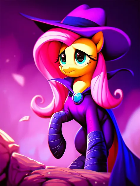 score_9, score_8_up, score_7_up, score_6_up, score_5_up, score_4_up, feral pony, Fluttershy, MareDoWell_Costume, solo, bodysuit, leg wrap, brooch, M, purple cape, purple headwear, purple hat, detailed face, detailed eyes, <lora:mysteriousmare:1>