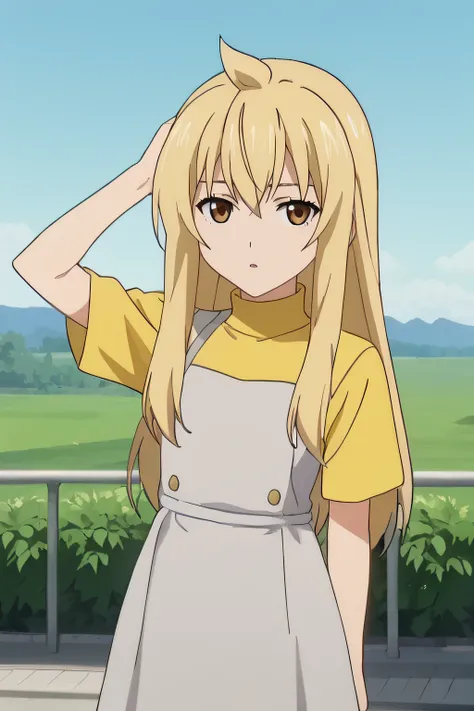 score_9, score_8_up, score_7_up, source_anime, rating_safe, intricate details, anime screencap, official style, 1girl, <lora:Minami_Chiaki:1>, chiaki, blonde hair, long hair, yellow shirt, turtleneck, grey dress, layered clothes, short sleeves, looking at ...