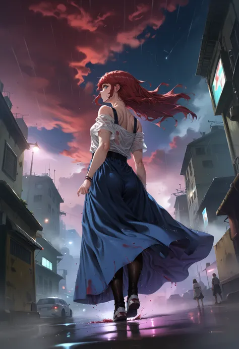 cyberpunk,the girl was wearing a translucent tights,back to the audience,red clouds,dirty streets,looking_back,from_below,splash ink style,long hair flying away,clouds drift away,fog,night,rain,moisture,rich color,ink style,a long skirt drifting, score_9,s...