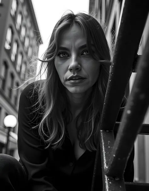 In a gritty, noir-inspired setting of rainy 1940s New York City, the camera angles low and brooding, J3R1C4L, a woman with a striking contrast between her brown hair and piercing blue eyes, is seated on the edge of an old, rusted fire escape. Her long, blo...