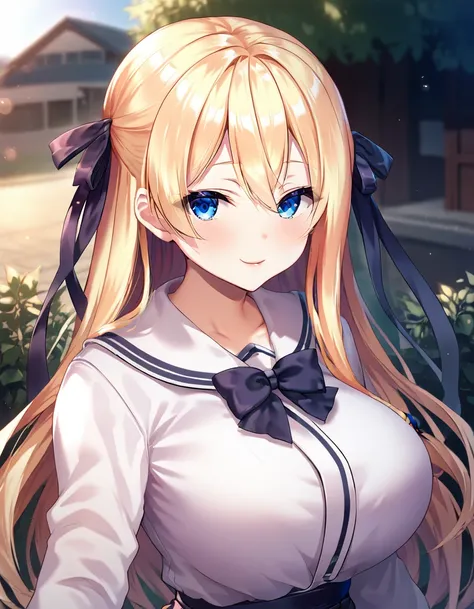 score_9,score_8_up,score_7_up,score_6_up BREAK official art,solo,outdoors,upper body,(portrait:1.5),looking at viewer,facing viewer,smile,blush,Kujou Alice,very long hair,blonde hair,hair ribbon,black ribbon,sidelocks,hair between eyes,bangs,blue eyes,scho...