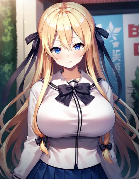 score_9,score_8_up,score_7_up,score_6_up BREAK official art,solo,outdoors,upper body,(portrait:1.5),looking at viewer,facing viewer,smile,blush,Kujou Alice,very long hair,blonde hair,hair ribbon,black ribbon,sidelocks,hair between eyes,bangs,blue eyes,scho...