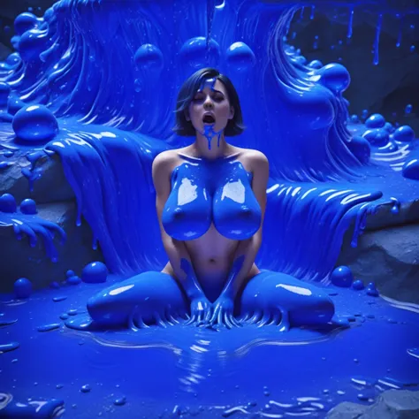 blueslime, (adult curvy woman sitting on a puddle of blue slime), slimey, in a slimey cave made out of blue slime, blue slime in background, orgasm, big breasts, short hair, naked, nude, sexy pose, erotic scene, masterpiece, 4k, outstanding art, high detai...