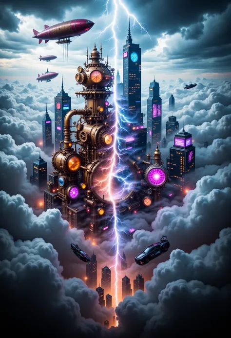 A split scene from top right to bottom left: Steampunk on the top right, Cyberpunk on the bottom left. The Steampunk side has brass gears, steam machines, Victorian architecture, airships, and a foggy, industrial vibe. The Cyberpunk side shows neon skyscra...