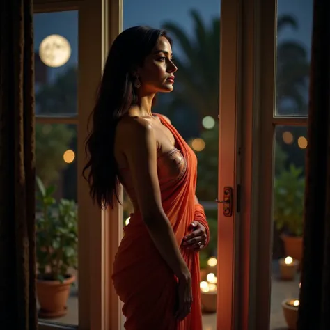 A graceful Indian woman, draped in a flowing silk sari that clings to her curves, stands by a window overlooking a moonlit garden. Her sari’s blouse dips slightly to reveal just a hint of cleavage, accentuating her poised and elegant posture. With her head...