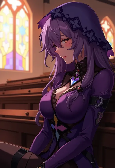 anime woman sitting in the church cinematic lighting and composition