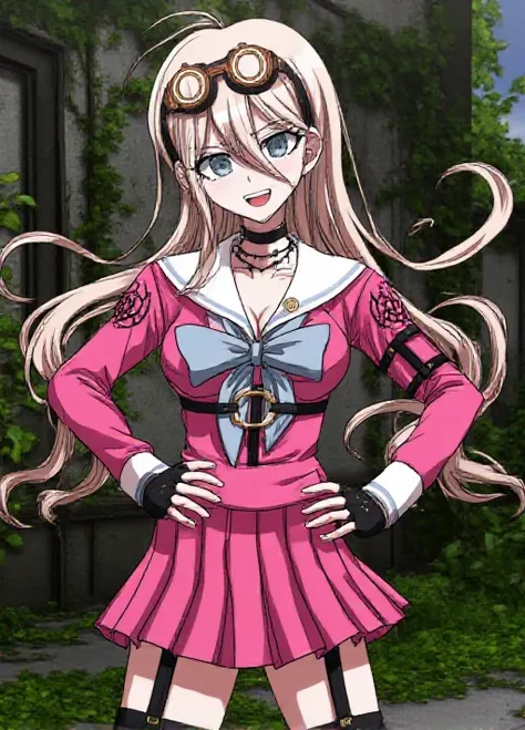 solo, <lora:Miu_Iruma_Flux_r1:1.1>,  <lora:osanai0804style:1.05> osanai0804style .    The image is a screencap from the anime Danganronpa The Animation.        Miu Iruma wearing her uniform from Danganronpa V3. Miu Iruma has waist-length strawberry blonde ...