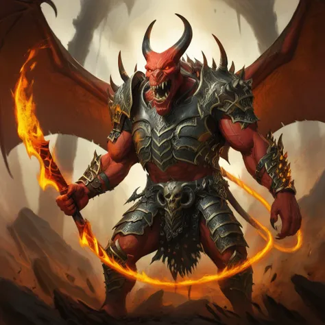 balor, wings, solo, horns, fire, armor, demon, weapon, no humans, red skin, 1boy This image is a highly detailed digital painting of a fantastical, demonic figure. The creature, a demonic warrior, stands in a powerful, dynamic pose, with a menacing express...