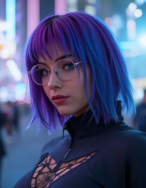 generate 8k realistic photo portrait of a beautiful woman 30 years old with purple and sky blue hair, with futuristic clothes, i...