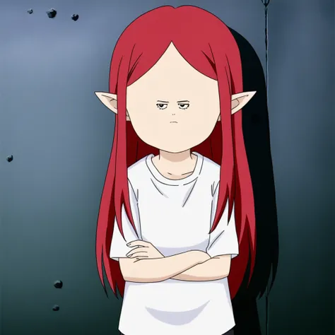 red hair, 1girl, pointy ears, parody, white shirt, closed mouth, bald, long hair, expressionless, barefoot