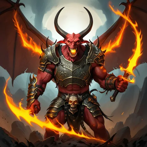 balor, wings, solo, horns, fire, armor, demon, weapon, no humans, red skin, 1boy This image is a highly detailed digital painting of a fantastical, demonic figure. The creature, a demonic warrior, stands in a powerful, dynamic pose, with a menacing express...