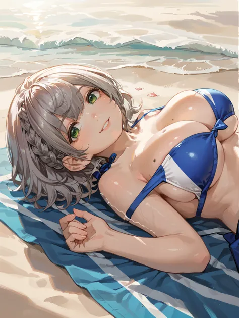 score_9, score_8_up, score_7_up,source_anime,
dutch angle, shiny skin, skindentation, large breasts, shirogane noel, braid, french braid, green eyes, grey hair, short hair, wavy hair, mole, mole on breast, bikini, bikini skirt, two-tone bikini, blue bikini...