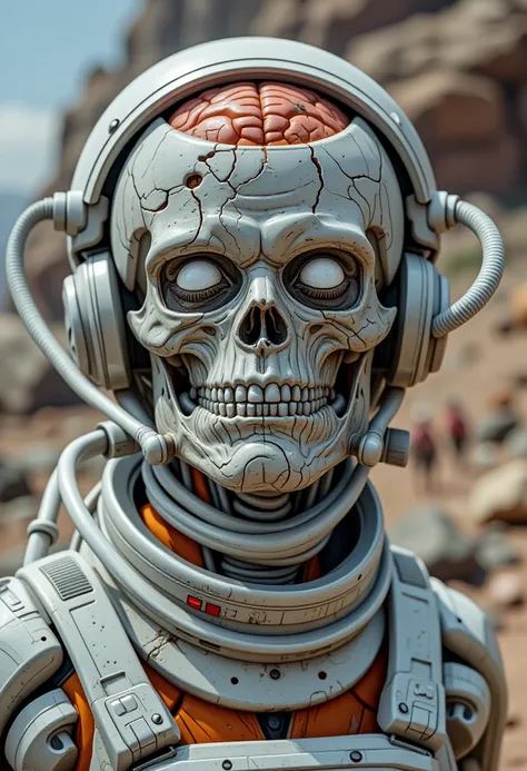 zombie portrait walking dead astronaut, walking on a desolated planet, human face, cyborg man | with a visible detailed brain | muscles cable wires | biopunk | cybernetic | cyberpunk | white marble bust | canon m50 | 100mm | sharp focus | smooth | hyperrea...