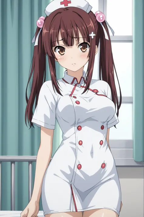 score_9, score_8_up, score_7_up, BREAK source_anime, masterpiece, anime screencap, shiny skin, 
1girl, solo,  sonken chuubou, brown hair, twin tails, brown eyes, hair ornament, medium breasts, <lora:sonken(shin)_pony:1>
nurse, blush,