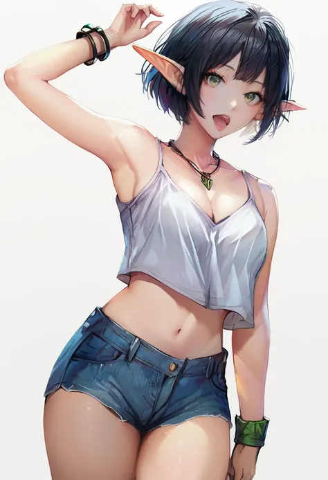 score_9, score_8_up, score_7_up, score_6_up, 1girl, arm up, armpits, bare arms, bare shoulders, black hair, blue shorts, bracelet, breasts, camisole, cleavage, collarbone, cowboy shot, crop top, crop top overhang, denim, denim shorts, elf, green eyes, jewe...