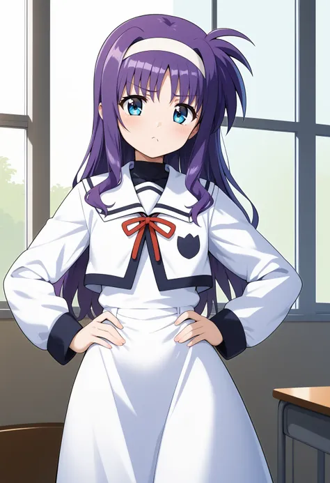 score_9, score_8_up, score_7_up, score_6_up, score_5_up, score_4_up, source_anime, aasuzuka, long hair, purple hair, white hairband, blue eyes, small breasts, school uniform, sailor collar, neck ribbon, white shirt, sailor dress, long dress, long sleeves, ...