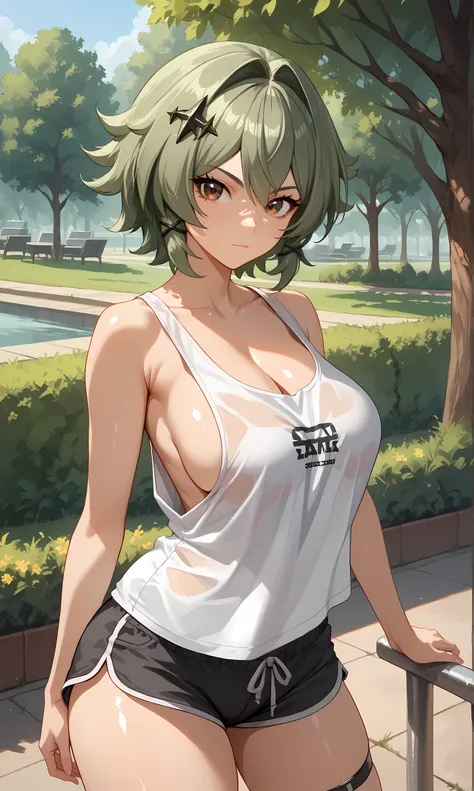 score_9, score_8_up, score_7_up, source_anime, 1girl, solo, outdoors, park, cowboy shot, standing, looking at viewer, shiny skin, caesar, brown eyes, green hair, short hair, hair ornament, closed mouth, loose shirt, white shirt, tank top, sideboob, cleavag...